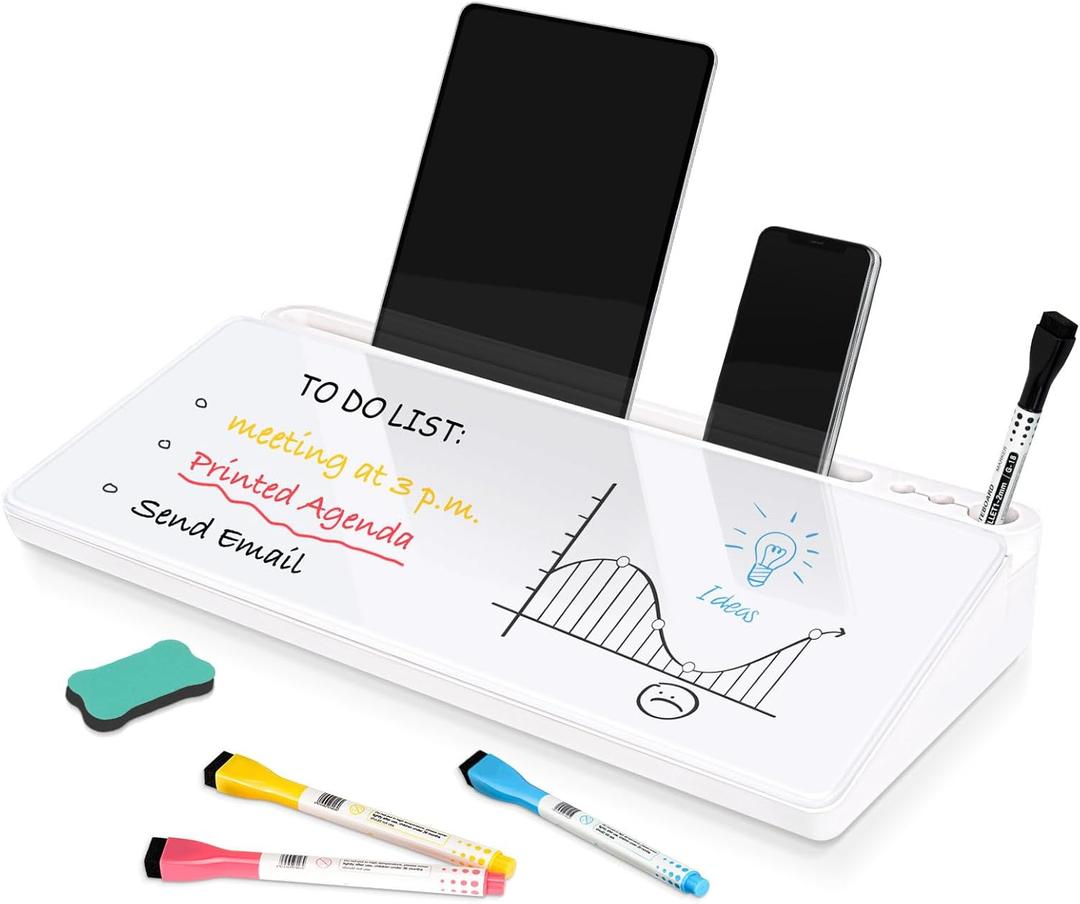 DOLLAR BOSS Glass Desk Whiteboard Small Dry Erase Board Desktop White Board with Storage Drawer Computer Keyboard Stand Desk Organizer Office Accessories Back to School Supplies with 4 Markers, White