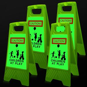 4 Pcs 24 Inch Large Slow Down Kids at Play Sign - Reflective Kids Playing Sign for Street Double Sided Children at Play Safety Signs for Street Portable Handle Neighborhood Yard School Park(Green), 24x12 Inches