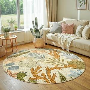 jinchan Green Botanical Print Round Rug 6ft Washable Area Rugs Indoor Circle Modern Tropical Desert Cactus Soft Non-Slip Carpet for Living Room Bedroom Dining Room Playroom Home Office