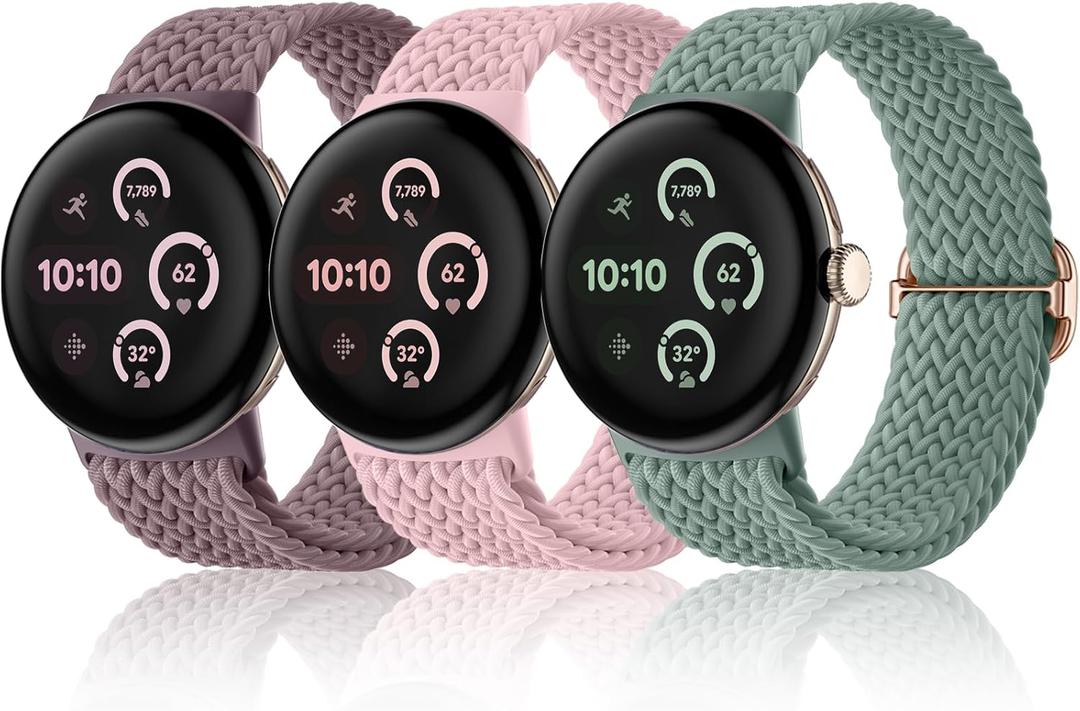Maledan Braided Stretchy Band - Compatible with Google Pixel Watch 2 1 3 41mm Band - 3 Pack Soft Nylon Accessories Sport Strap for Women & Men (Fit for 5.51"-8.66" (140mm-220mm) wrist, 04-Smoke violet/Light pink/Pine green)