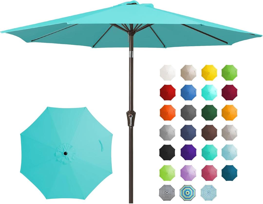 JEAREY 9FT Outdoor Patio Umbrella Outdoor Table Umbrella with Push Button Tilt and Crank, Market Umbrella 8 Sturdy Ribs UV Protection Waterproof for Garden, Deck, Backyard, Pool (Peacock Blue)