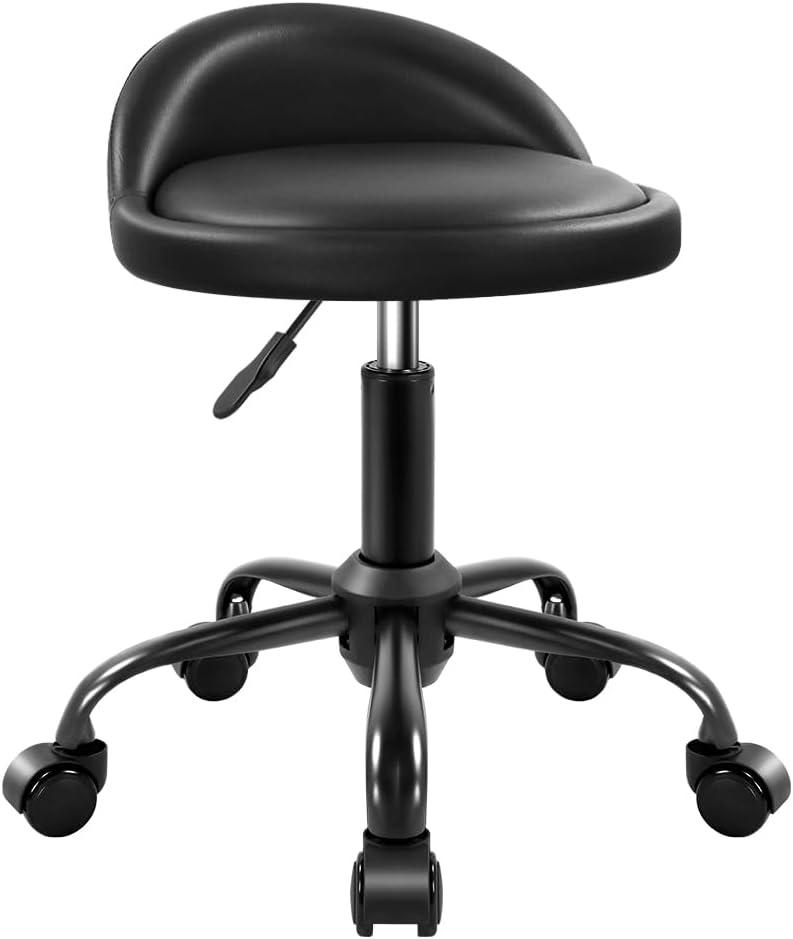 KKTONER Rolling Stool with BackRest Height Adjustable Round Chair with Wheels Swivel Drafting Work PU Leather stools Small (Black)