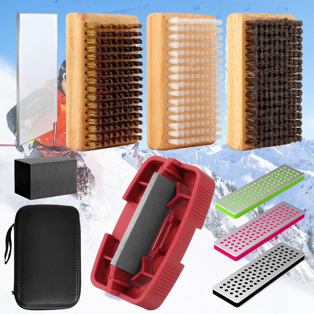 Ski/Snowboard Wax Kit, Ski Snowboard Tuning and Waxing Kit - Includes Side Edge Tuner, Plastic Scraper, Nylon/Brass/Horsehair Brushes, 240/500/1000 Grit Diamond Files, Gummy Stone & Carry Bag