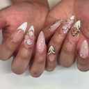 Gold Flower Press on Nails, Almond Shape Fake Nails, French Tip False Nails with 3D Jelly Floral Designs, Medium Lenght Pearl Charm Acrylic Nails, Glossy Pink Full Cover Glue on Nails