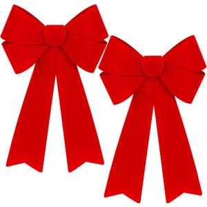 2 PCS Christmas Decorations, 12 x 18 Inches Large Christmas Bows, Red Velvet PVC Indoor Outdoor Xmas Tree Bows Wreath Bow Party Supplies Xmas Ornaments for Door Fireplace Stairs Railing Porch