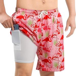 DUONITITI Mens Swim Trunks Compression Liner Bathing Swimsuits 7" Inseam Quick Dry Beach Board Shorts with Back Pocket Water Eyelet(Red Flamingo,L)