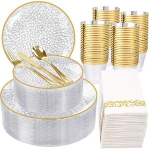 Rubtlamp 350 Pcs Clear Gold Plastic Plates, Hammered Disposable Dinnerware, Clear-Gold Plates Set Include 100 Plastic Platos, 150 Gold Disposable Silverware, 50 Cups And 50 Napkins for Party