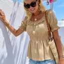 Womens Short Sleeve Babydoll Tops Square Neck Ruffle Peplum Blouse Smocked Loose Fit Tunic Top Dressy Tee Shirts (Beige)