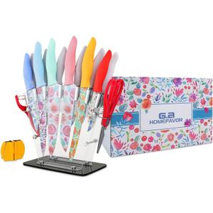G.a HOMEFAVOR Knife Set for Kitchen, 16Pcs Stainless Steel Print Nonstick Coated Blade Kitchen Knives with Acrylic Stand, Multicolored
