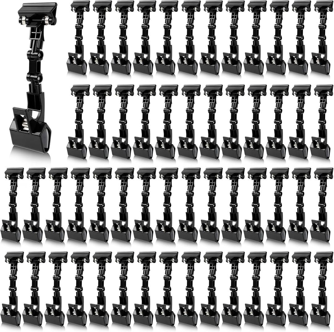 Honeydak Black 50 Pcs Sign Holder Clips Bulk for Grocery Retail Display Plastic Shelf Price Sign Clamps Double Sided Swivel Holder with Antislip Padding Rotatable Merchandising Clips for Store