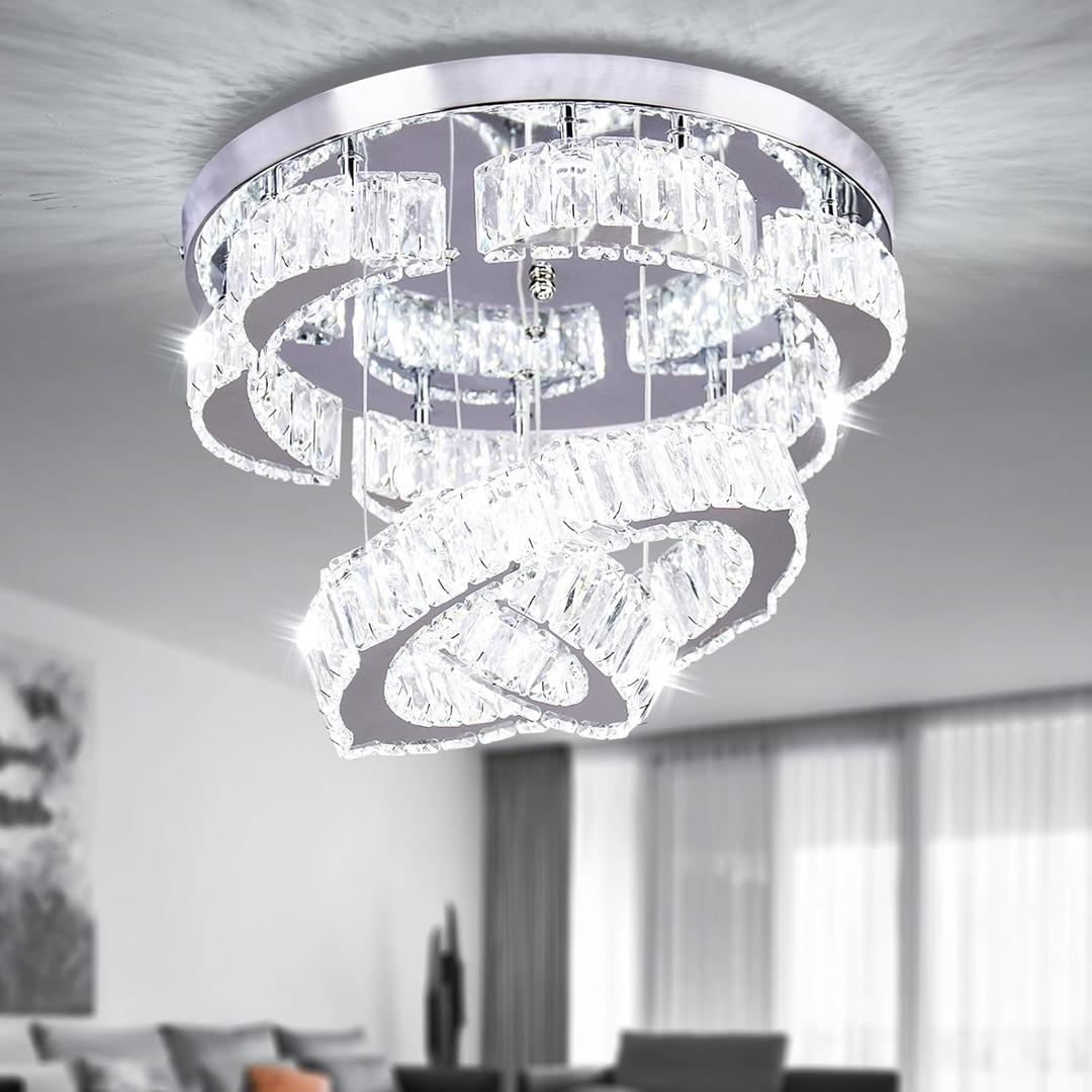 15.7" Modern Crystal Chandelier Flower LED Flush Mount Ceiling Light 2 Rings Round Chandeliers for Living Room Dining Room Bedroom (Cool White)
