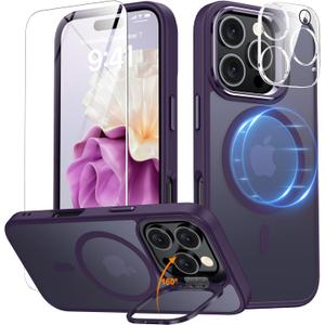 Magnetic & Stand for iPhone 16 Pro Max Case with 9H Screen & Lens Protector[Fit for Magsafe][Metal Kickstand][Colorful Frame] Translucent Matte Back Skin-Touch Phone Case for iPhone 16 Pro Max