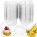 100 Sets Individual Cupcake Containers Single Cupcake Carrier with Lids Plastic Cake Holders and Gold Liners Stackable Deep Dome Bakery Supplies for Baking Transport Party Catering