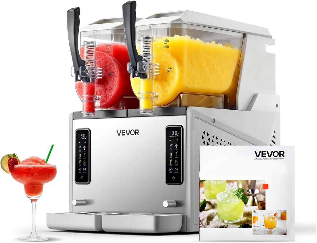 VEVOR Slushie Machine, 3L/100oz x 2 Tank Slushy Machine for Home, No Ice Needed Frozen Drink Maker, Margarita Maker with Self-Cleaning, for Frozen Margaritas, Frapps, Milkshake & More (Stainless steel color + beige)