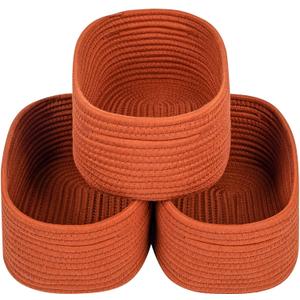 CubesLand Small Baskets, Storage Baskets for Organizing Shelves, 3 Packs Rectangular Woven Storage Baskets Natural Cotton Rope Storage Bins Closet Baby Nursery Baskets Empty Gifts Baskets Brick Red