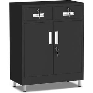JINGUR Metal Storage Cabinet with Locking Doors and 2 Drawers, Lockable Storage Cabinet with Adjustable Shelf for Home Office Garage Entryway Pantry (Black)