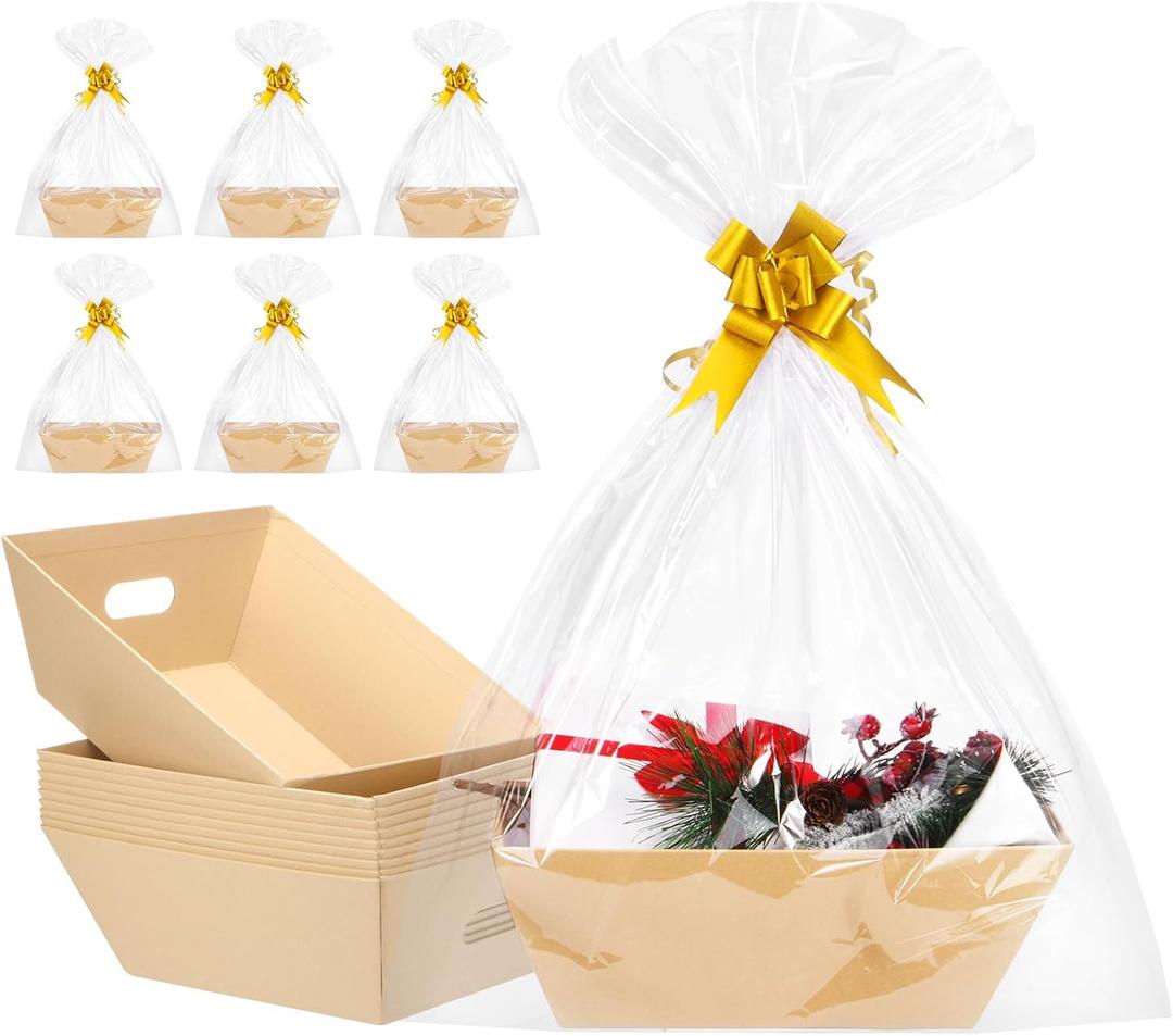 AFOROEOA 10PACK Baskets For Gifts Empty, 10x12Thick Kraft Gift Basket with 10 Bows 10 Bags Empty Gift Baskets for Christmas, Valentines Day, Easter, Birthdays, Snacks, Farmers Market