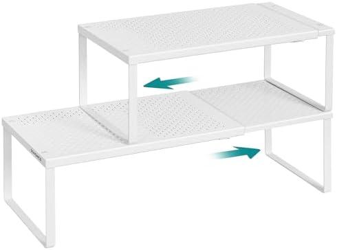 SONGMICS Spice Racks, Set of 2 Expandable Kitchen Countertop Shelves, Small Cupboard Organizers, Metal, Space-Saving Tabletop Shelves, Matte White UKCS402W01