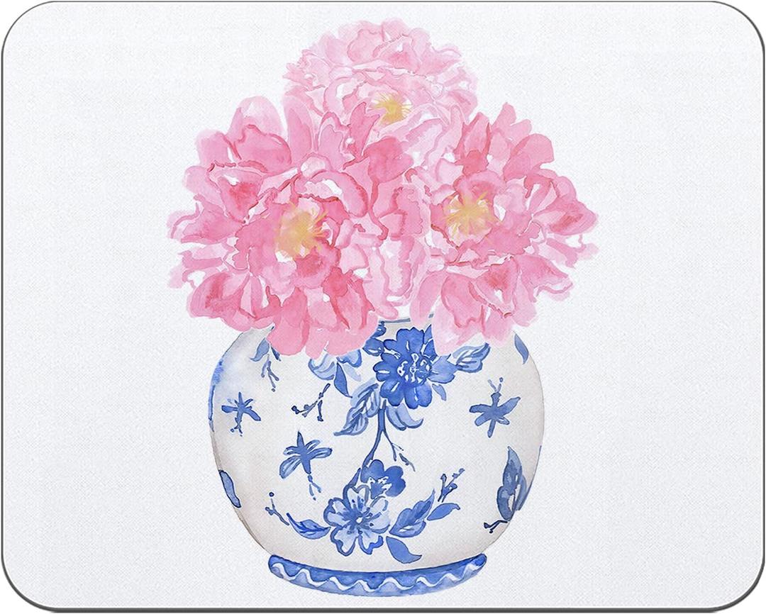 OFlich Pink Peonies Floral Mouse Pad, Blue and White Chinoiserie Square Mouse Pads for Desk, Vintage Mouse Pad, Aesthetic Mouse Pad, Blue Office Supplies, 9.5x7.9 Inch