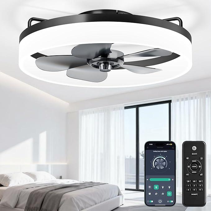 20 Inch Ceiling Fans with Lights and Remote, Modern Low Profile Ceiling Fan,3000K-6000K Dimmable LED Small Fan Light Fandelier for Bedroom, White