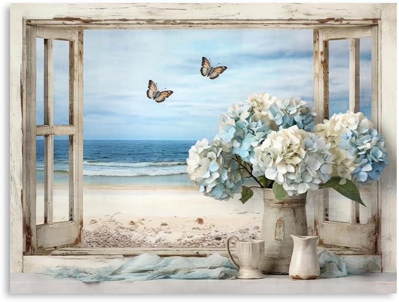 Vintage Ocean View Window Canvas Wall Art, High-Resolution Print with Fresh Blue and White Hydrangeas and Butterflies, Rustic Style Decor for Bathroom, Bedroom, Office Framed 24"x32"