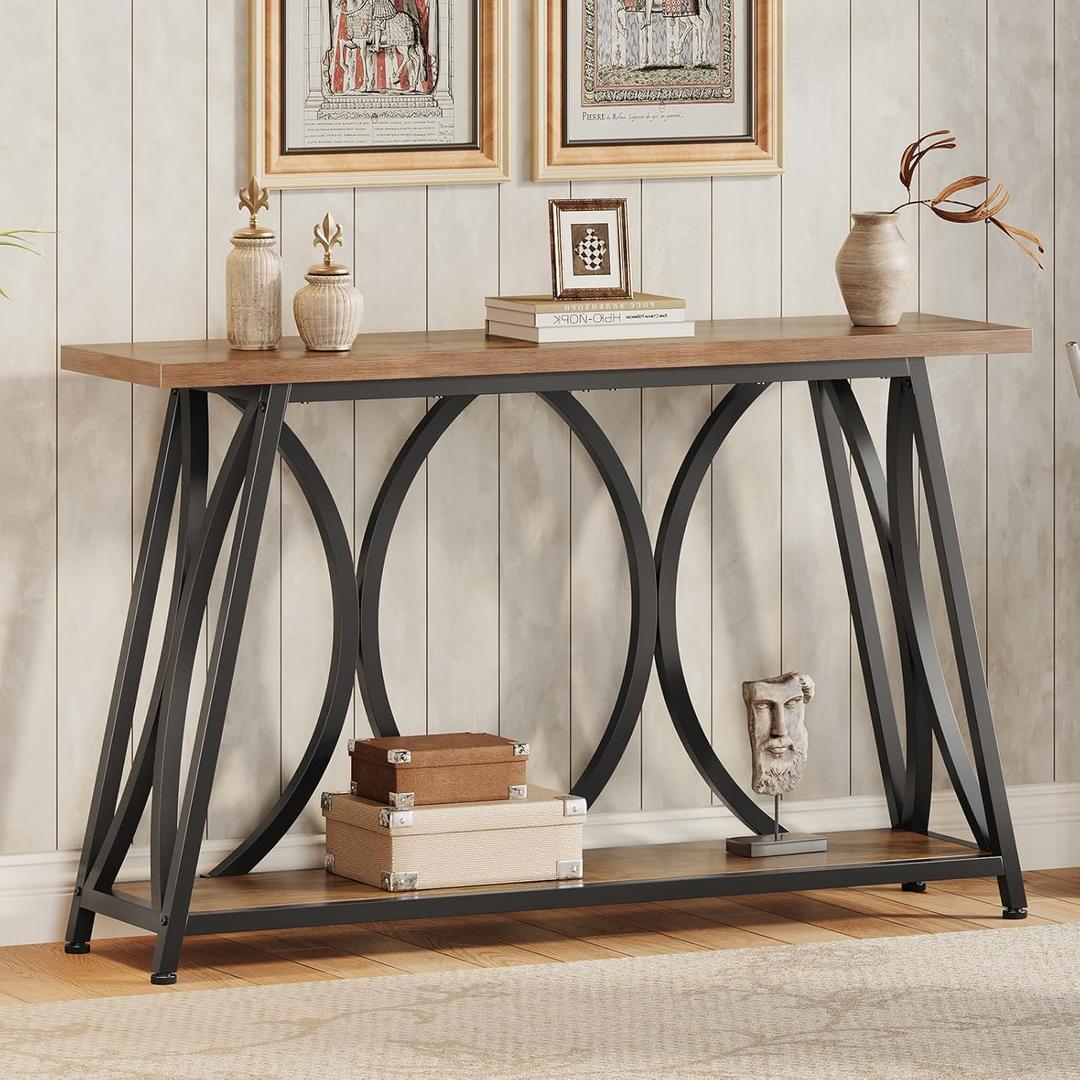GiftGo 47.24" Entryway Console Table, Industrial Sofa Table Behind Couch with Shelves, 2 Tier Narrow Wood Accent Table with Metal Frame for Living Room, Entrance, Hallway, Foyer, Rustic Brown, 11.8"D x 47.24"W x 29.53"H