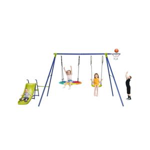 Costzon Swing Sets for Backyard, 4-in-1 Heavy Duty Large Metal Swing Frame w/2 Adjustable Swings, Slide, Basketball Hoop, Play Equipment for Indoor Outdoor Gift Kids 3-12 Years Old