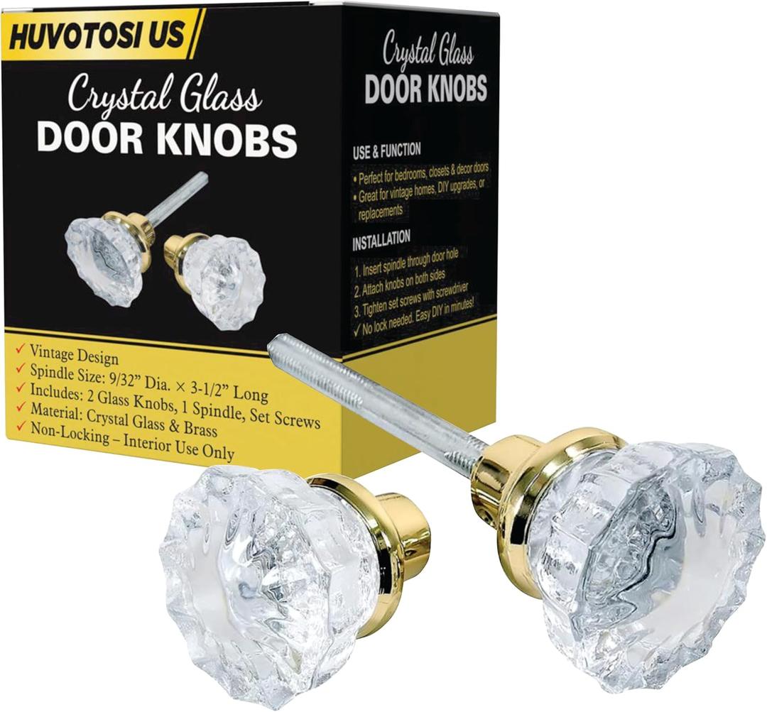Glass Door Knobs  Vintage Style Interior Handles for Doors | Antique Clear Knob for Bedroom, Bathroom & Closet | Decorative Knobs for Home Dcor (Brass)