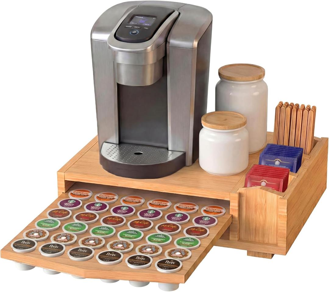 Bamboo Keurig Pod Organizer, Large 36 K-Cup Capacity Aesthetic Under Machine K-Cup Storage Drawer, Space-Saving Keurig Stand With Storage, 3 Slots For Tea & Spoons, Fits Keurig Brewers