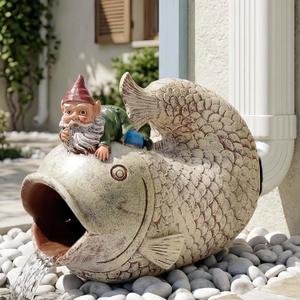 Gnome Fish Sculpture, Garden Animal Statue & Outdoor Decor, Eco-Friendly Resin Gutter Diverter Rain, Decorative Gutter Extension Downspout, Splash Block, Perfect for 3"x4" Downspouts