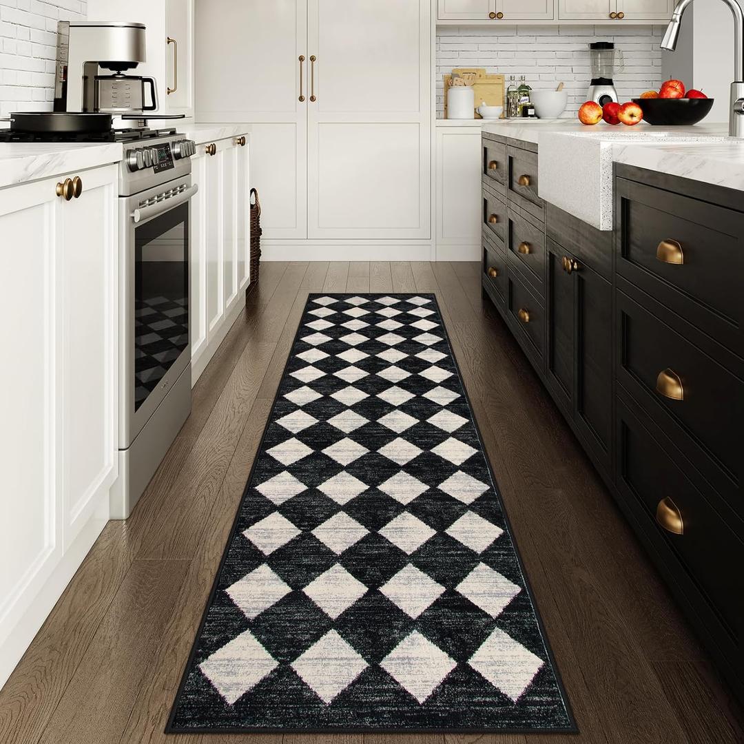 Lahome Checkered Washable Rug Runners for Hallways Non Slip,2x10 Black Kitchen Bathroom Runner Rug,Trellis Low Pile Indoor Carpet Runner for Bedroom Entryway Foyer(2'x10',Black) (2' x 10', Black)