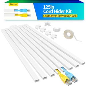 125in Cord Hider, One-Cord Cable Concealer, Cord Covers for Wires on Wall - Easy Install Cable Management Kit for 2 Small Wires, Cables Raceway Home Office, 8X L15.7in W0.59in H0.4in, White