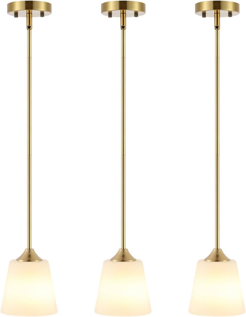 BYOLIIMA Modern Gold Pendant Light 3 Pack Brushed Brass Mid Century Chandelier White Cylinder Glass Shades Adjustable Rods Farmhouse Ceiling Hanging Lighting Fixture Kitchen Island Dining Room Bedroom