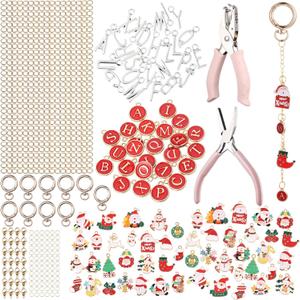 Liliaafar 344 Pcs Christmas Keychain Making Kit, Including 10 Keychain Clips 20 Extender Chain 102 Charms and Jewelry Plier for Adult DIY Crafting and Jewelry Making Christmas Party Favor Gifts