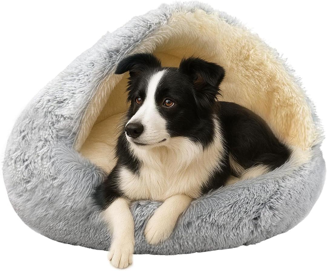 ShinHye Round Plush Fluffy Hooded Cat Bed Cave, Cozy for Indoor Cats or Small Dogs, Waterproof Bottom, Washable 30 in (grey)