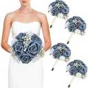 DIYDOFUN Wedding Bridesmaid Bouquets Set of 4, Artificial Silk Flowers Arrangement for Ceremony Marriage Proposal Party Anniversary Decorations - Dusty Blue