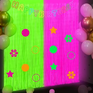2 Pcs Glow in The Dark Party Supplies Neon Birthday Party Decoration Neon Tinsel Foil Fringe Curtains 6.6 x 3.3 ft with 24 Luminous Sequins Yellow Fuchsia Photo Prop Backdrop Streamer Birthday Decor