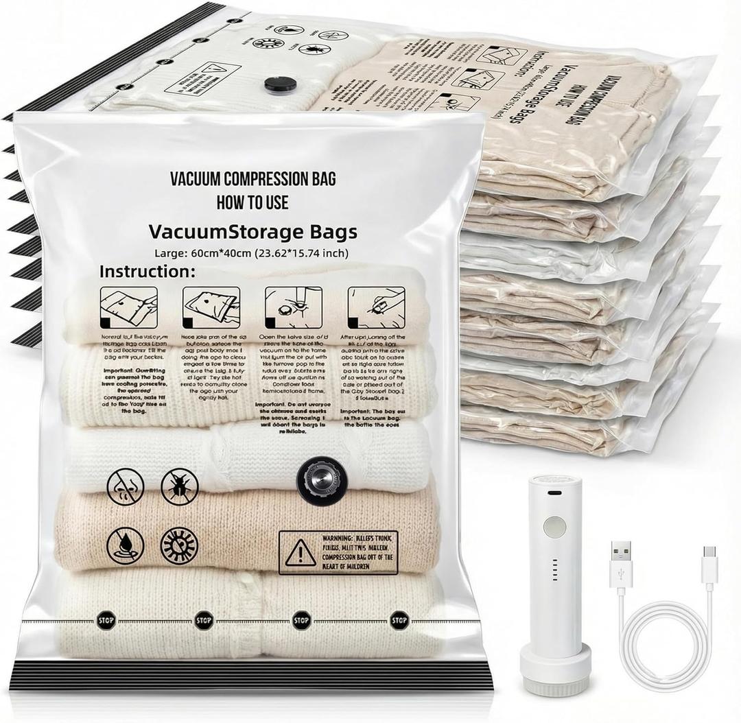 Vacuum Seal Bags for Clothing: 80% Compression with Rechargeable Pump - Holds 6 Summer Clothes per Bag - 9 Pack Vacuum Seal Bags for Travel - 7-Day Business Family Trips