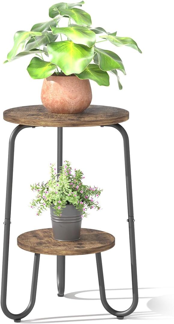 2 Tier Wood Plant Stand Indoor, Small Round Flower Pot Stand, 19.6" Tall Single Plant Holder for Living Room, Balcony, Rustic Brown End Side Table