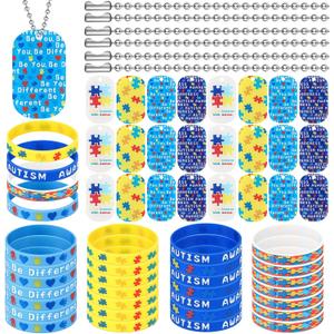90 Pcs Autism Awareness Dog Tags Set Colorful Puzzle Pieces Motivational Autism Accessories with 30 Acrylic Dog Tags 30 Rubber Bracelet 30 Steel Chain for Gifts Men Women Party Supplies