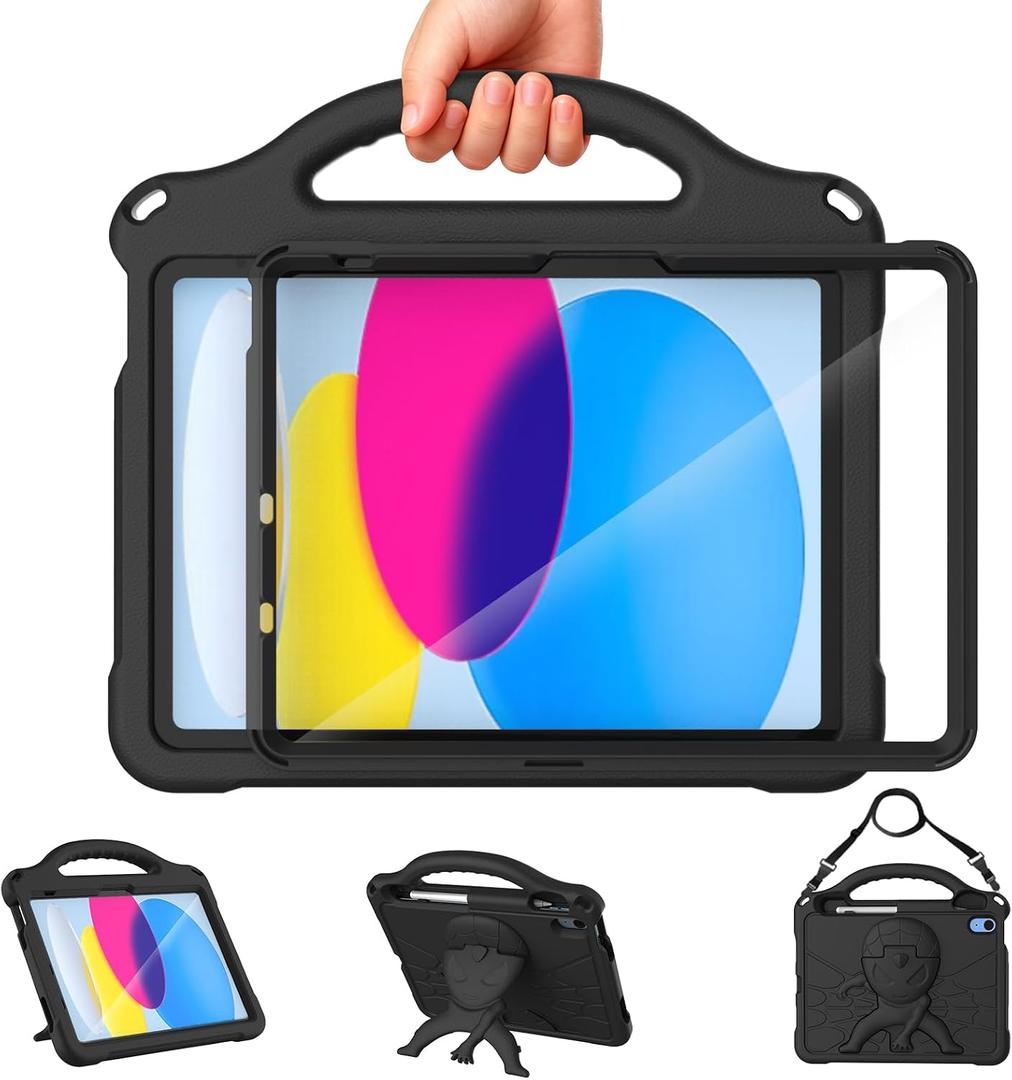 DJ&RPPQ Kids Case for iPad A16 11th Generation 2025/iPad 10th Generation 2022 with Screen Protector, Shockproof Handle Stand Cover with Pencil Holder iPad 11th/10th Generation Case for Kids,Black
