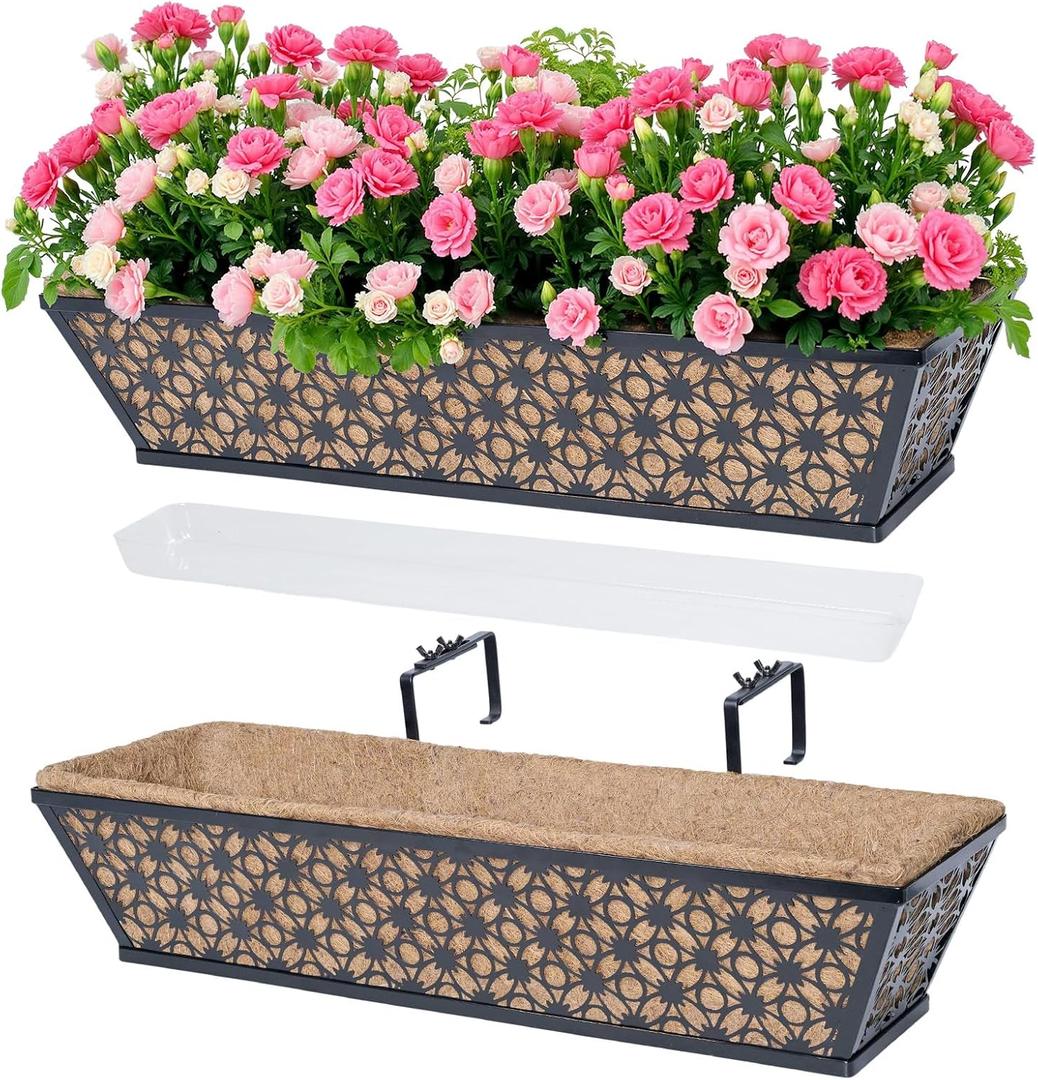 hehimhis 24 Inch 2 Pack Railing Planter Box with Adjustable Bracket,Window Planter Boxes Outdoor for Porch,Balcony Planters Railing Hanging,Fence,Patio Hanging Planters for Garden, 24 Inch 2 Pcs