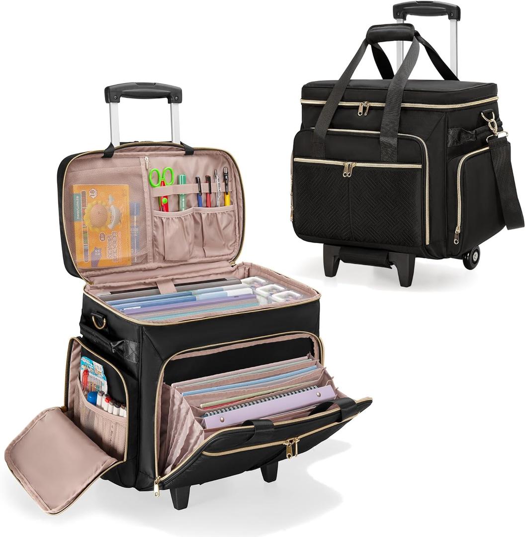 Rolling Teacher Bag with Wheels, Teacher Tote Bag with Detachable Trolley, Fits for 15.6" Laptop(Patent Design) (Black)