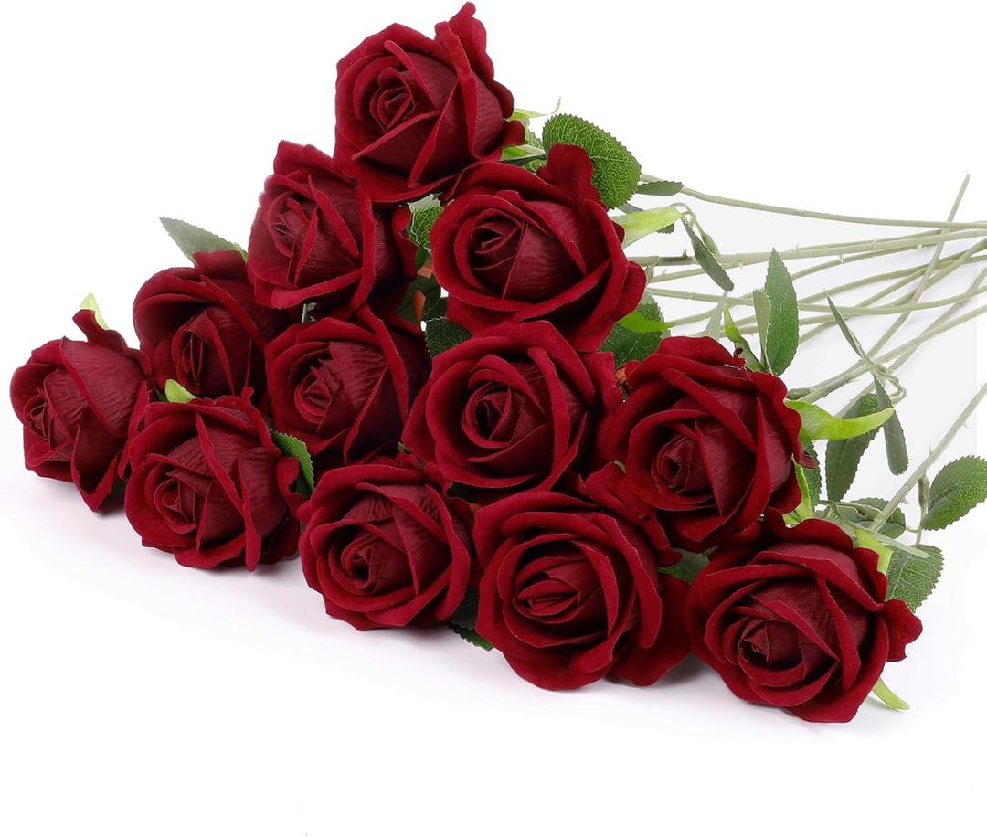 12 Pcs Artificial Rose Flowers, Dark Red Silk Roses with Long Stems, Realistic Fake Roses for Wedding Centerpiece Party Home and Office DIY Decor