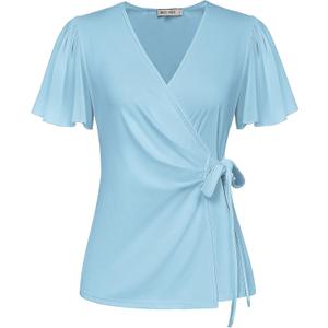 GRACE KARIN Work Tops for Women Deep V Neck Wrap Slim Fit Spring Summer Business Casual Tops Light Blue L