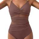 Women's Mesh One Piece Swimsuits Tummy Control V Neck Bathing Suit Sexy Push Up Swim Suit Slimming Swimwear (Brown, XL)