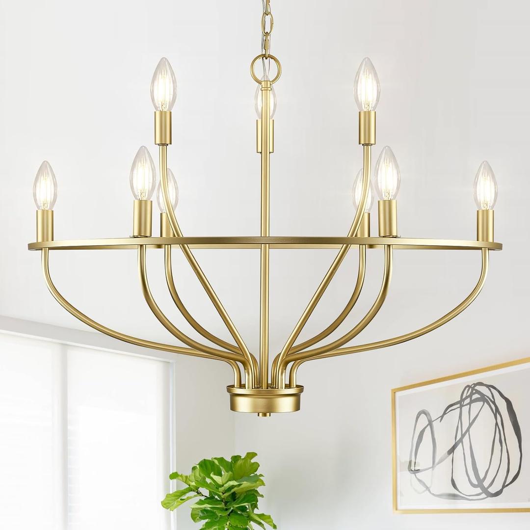 9-Light Gold Light Fixture Vintage Candle Chandelier Lighting 30in Mid-Century Modern Brass Dining Room Chandelier Over Table for Kitchen Island Living Room FoyerBedroom, E12