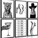 6Pcs Black White Trendy Leopard Wall Art Fashion Woman Cheetah Wall Decor Prints Long Legs High Heels Pictures Paintings Vintage Martini Artwork for Living room Home Decoration 12x16in Unframed