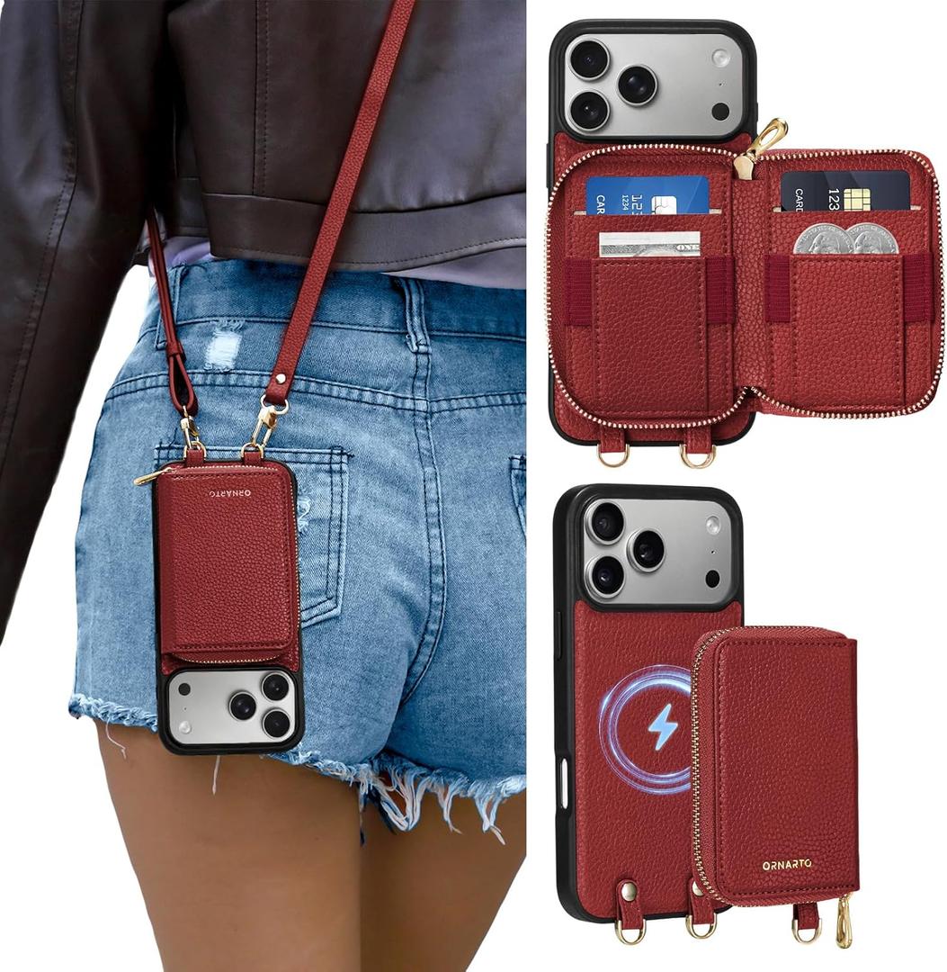 ORNARTO Magnetic Detachable Wallet Case for iPhone 17 Pro Max, [Compatible with MagSafe], Crossbody Wallet Case with Card Holder Wrist Strap, RFID Blocking PU Leather Wallet Phone Cover 6.9", Wine Red
