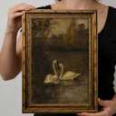 Vintage Gold Framed Swans Wall Art Antique Romantic Swan Lake Cottagecore Painting Canvas Prints Dark Moody Animal Picture Poster Modern Rustic Farmhouse Artwork for Living Room Bedroom Bathroom
